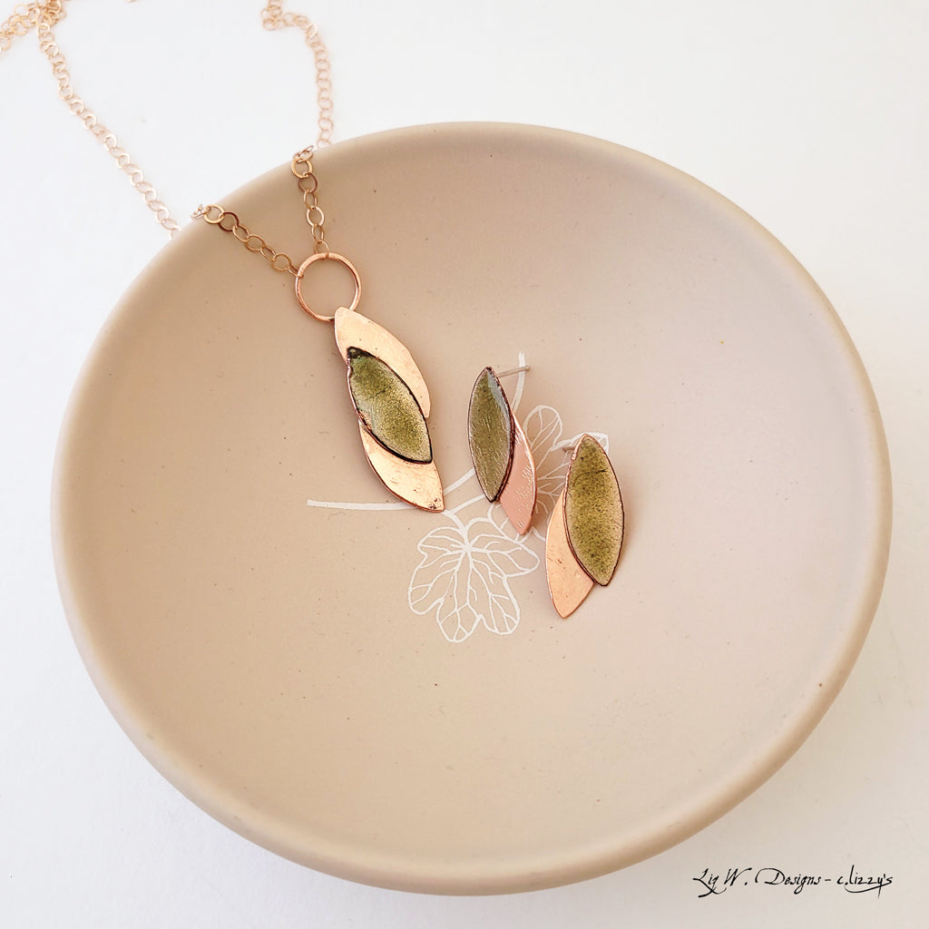 Leaf Silhouette Drop in Olive - Handmade Copper and Enamel Necklace
