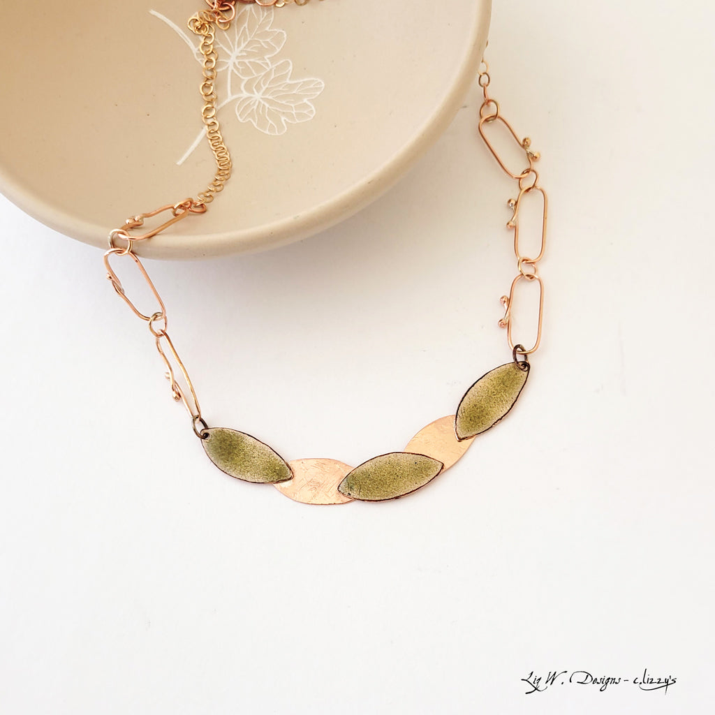 Leaf Silhouette Path in Olive - One of a Kind Copper and Enamel Necklace