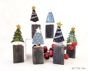 Merry Mini Tree in Blue Gray with White - Wood Base