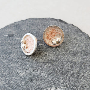 Contemporary Patterned Copper Circle with Sterling - Post Earrings