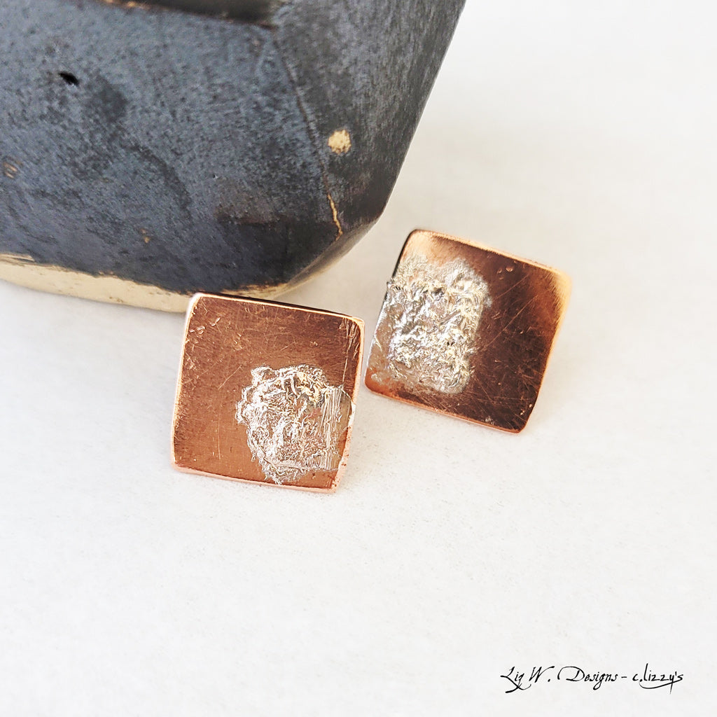 Contemporary Textured Copper Square with Sterling Overlay - Post Earrings