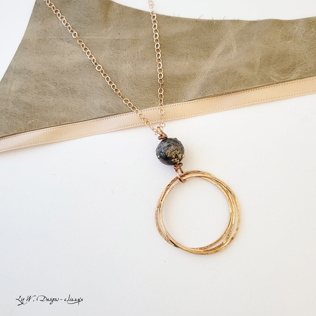 Charcoal Drop with Triple Bronze - Long Necklace