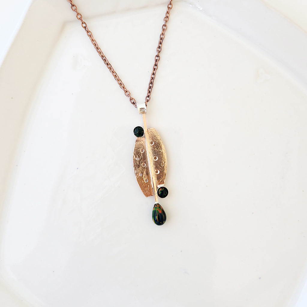 Fire Black Opal Drop - One of a Kind Copper Necklace