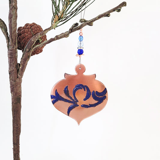 Flourish in Blue - Copper Holiday Bell Ornament