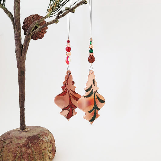 Flourish in Red and Green - Copper Elongated Bell Ornament