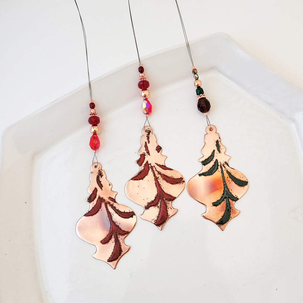 Flourish in Red and Green - Copper Elongated Bell Ornament