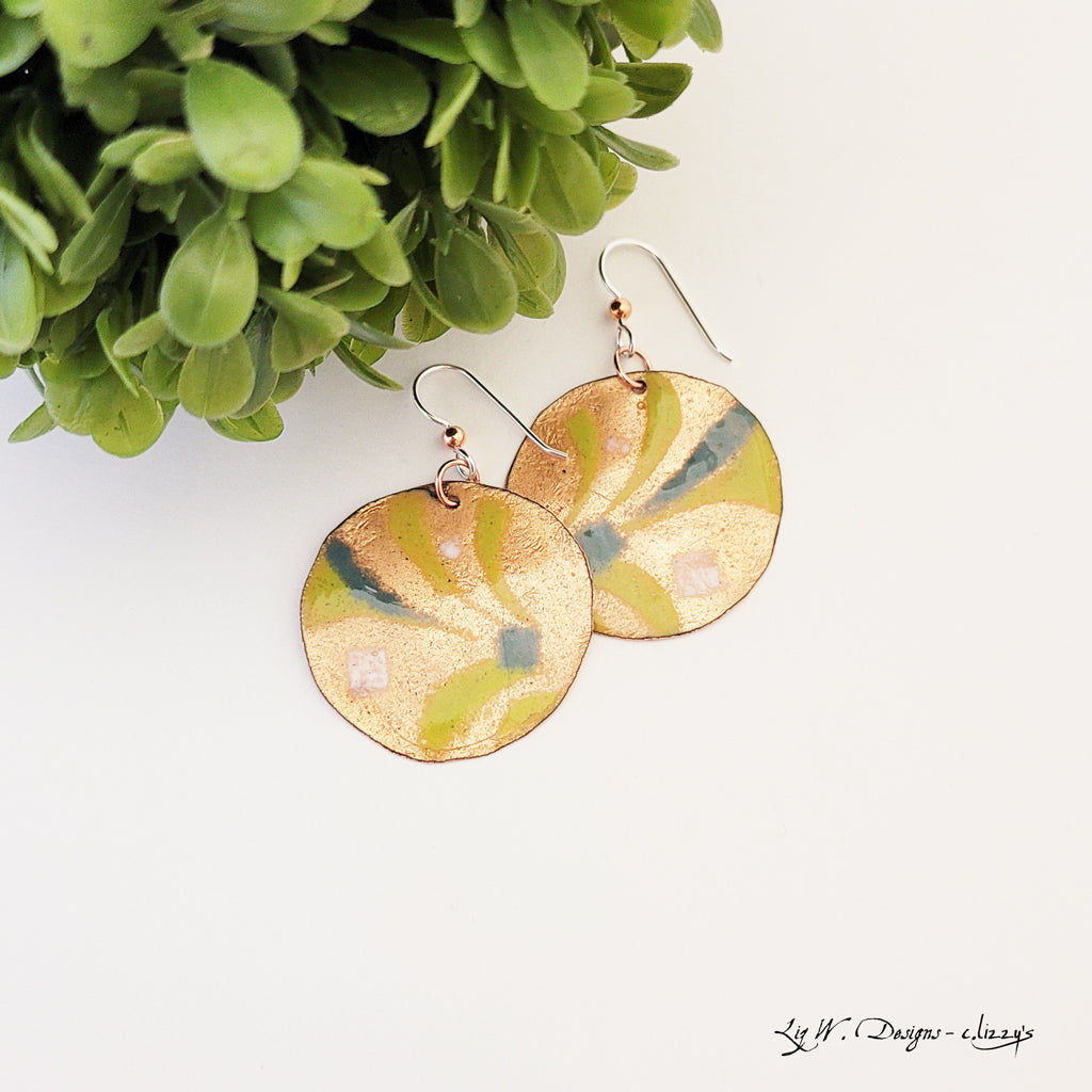 Flourish of Green - One of a Kind Enamel on Copper Earrings