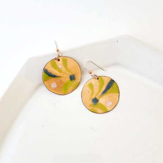 Flourish of Green - One of a Kind Enamel on Copper Earrings