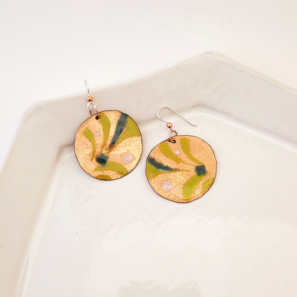 Flourish of Green - One of a Kind Enamel on Copper Earrings