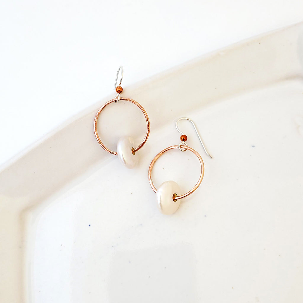 Freshwater Pearl Swing - Handmade Freshwater Pearl and Copper Earrings