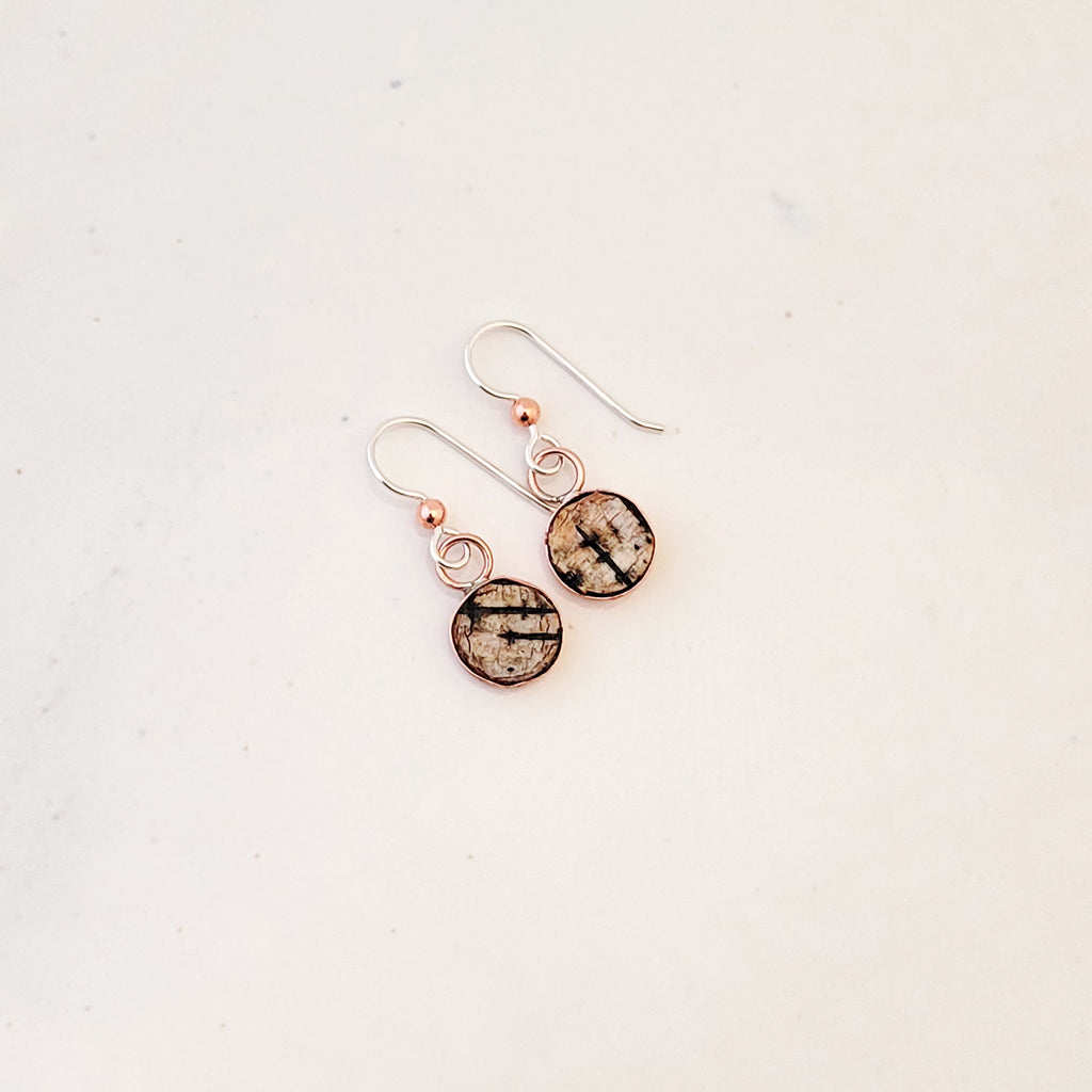 Gathered Birch in Round Copper Bezel - Handmade Earrings