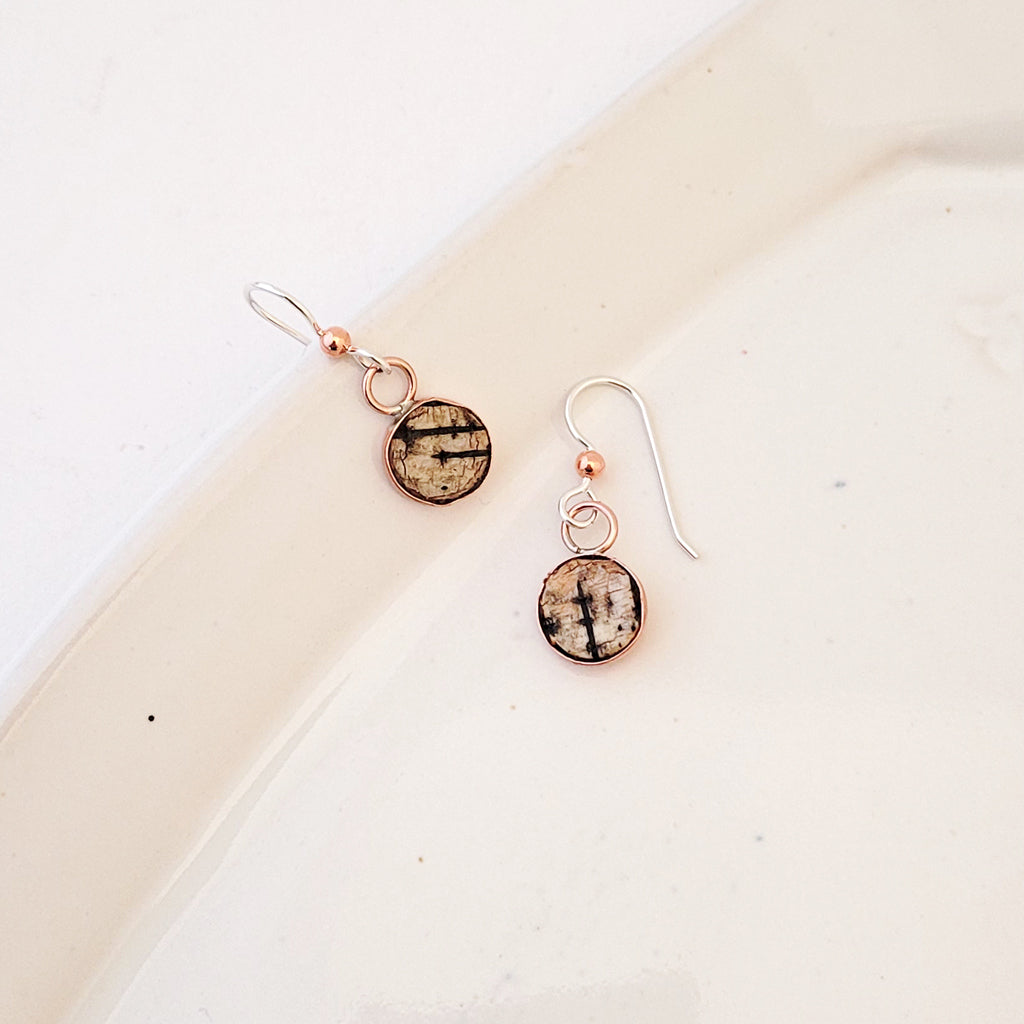 Gathered Birch in Round Copper Bezel - Handmade Earrings