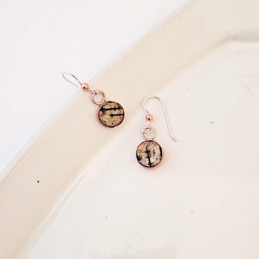 Gathered Birch in Round Copper Bezel - Handmade Earrings