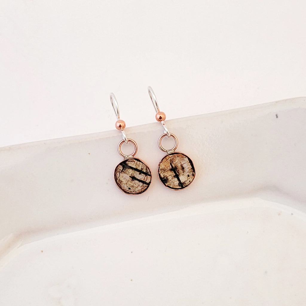 Gathered Birch in Round Copper Bezel - Handmade Earrings