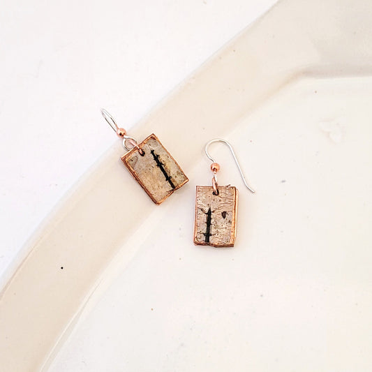 Gathered Birch on Copper Rectangle - Handmade Earrings