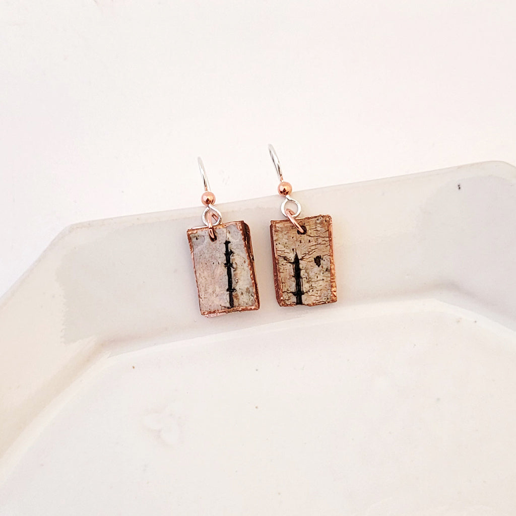 Gathered Birch on Copper Rectangle - Handmade Earrings