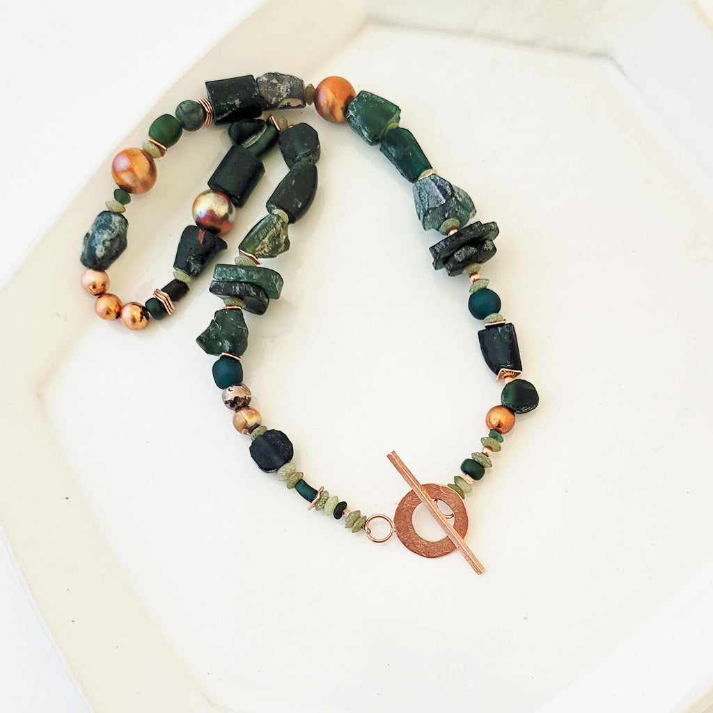 Green Cobblestone Path - One of a Kind Copper and Roman Glass Necklace
