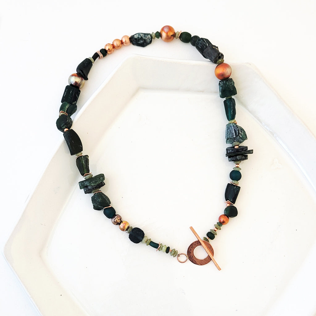 Green Cobblestone Path - One of a Kind Copper and Roman Glass Necklace