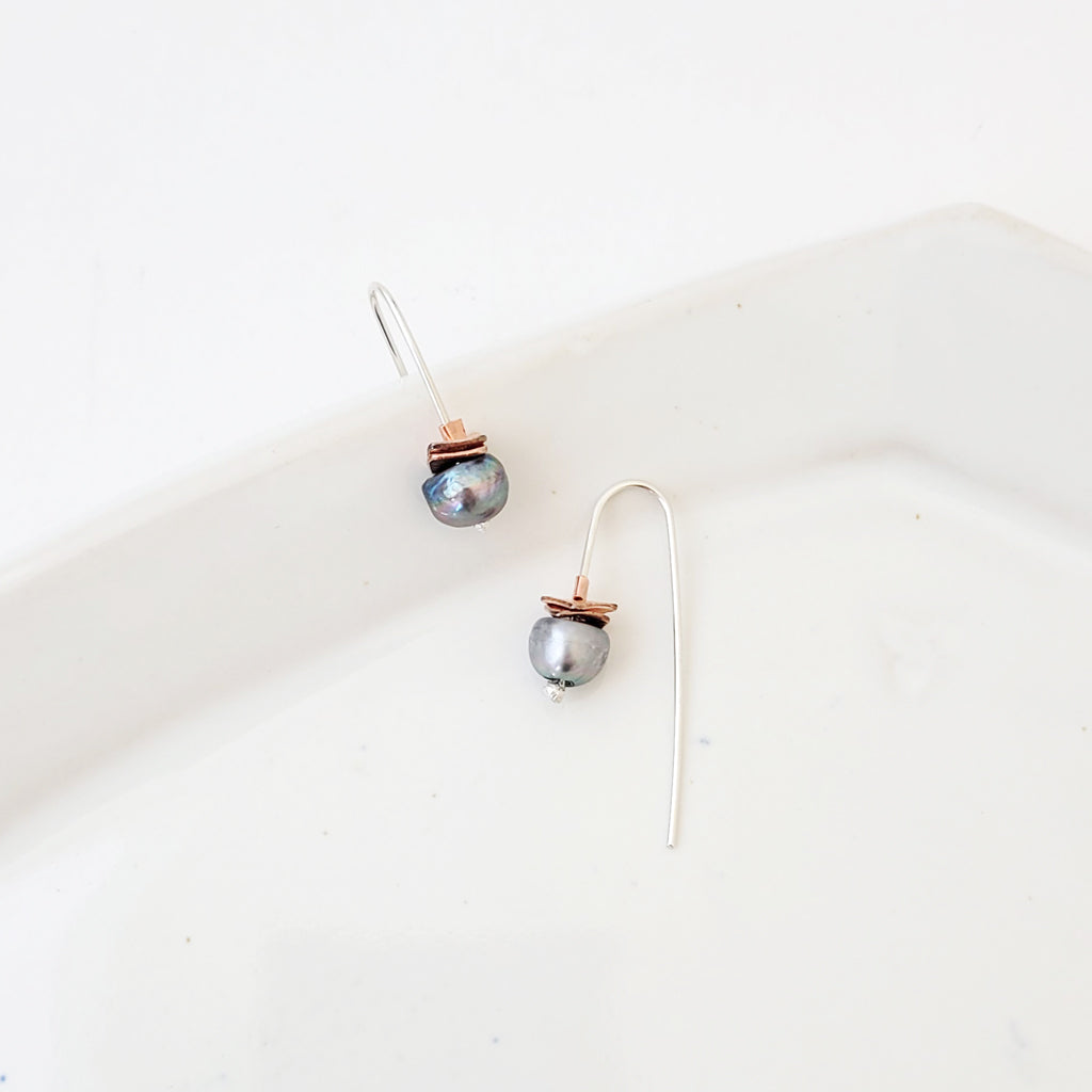 Iridescent Pearl and Copper Stack - Handmade Sterling Earrings