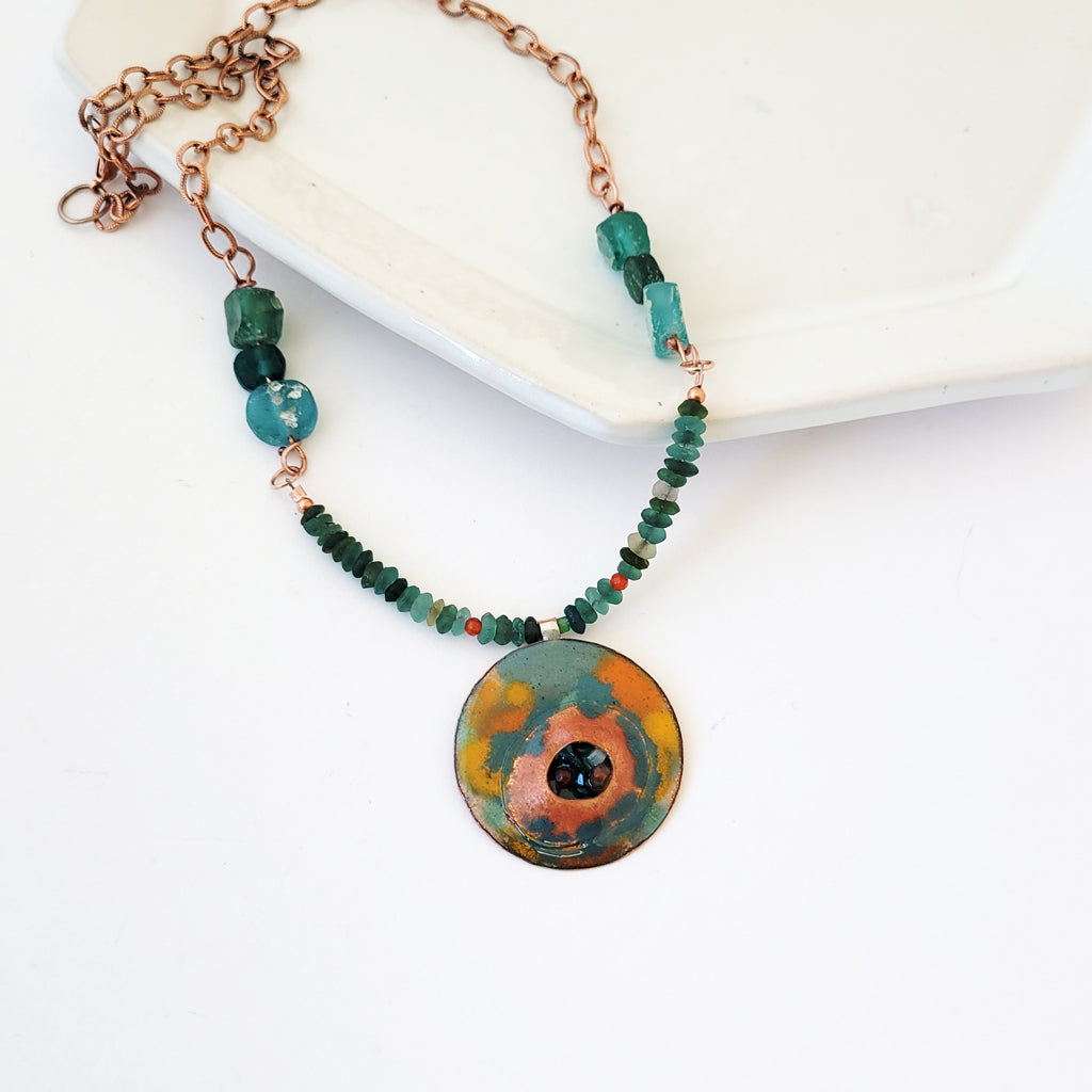 Island Inlets - One of a Kind Enamel and Roman Glass Necklace