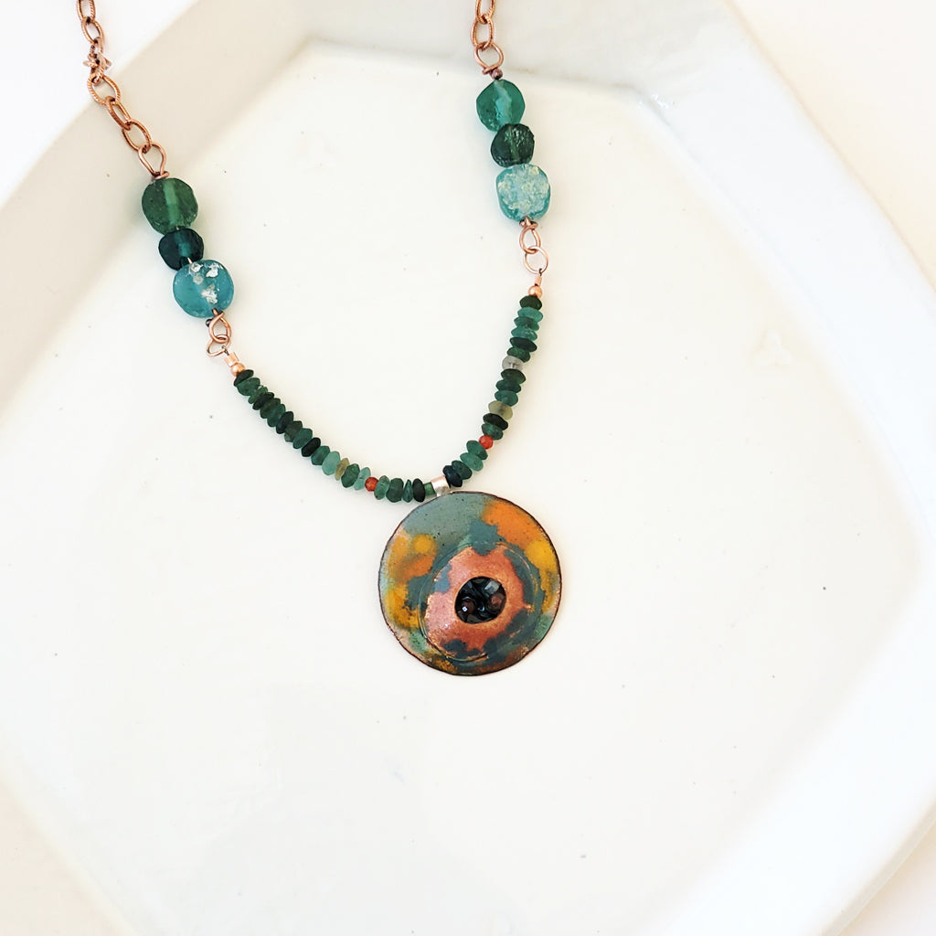 Island Inlets - One of a Kind Enamel and Roman Glass Necklace