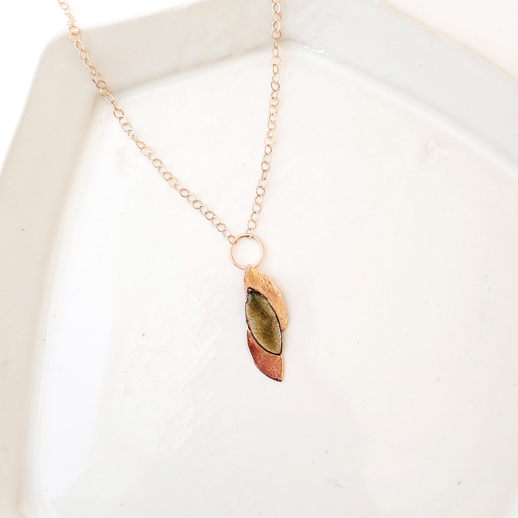 Leaf Silhouette Drop in Olive - Handmade Copper and Enamel Necklace