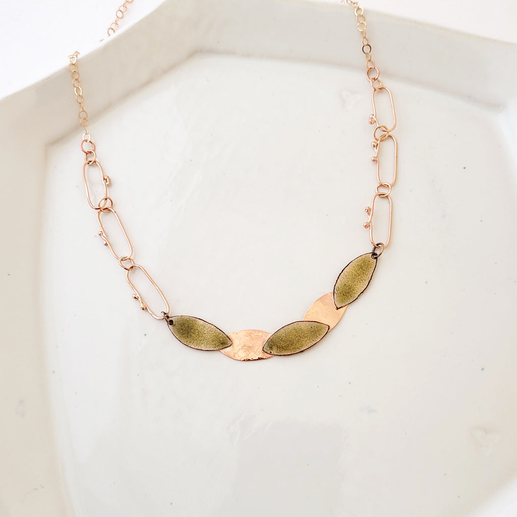 Leaf Silhouette Path in Olive - One of a Kind Copper and Enamel Necklace