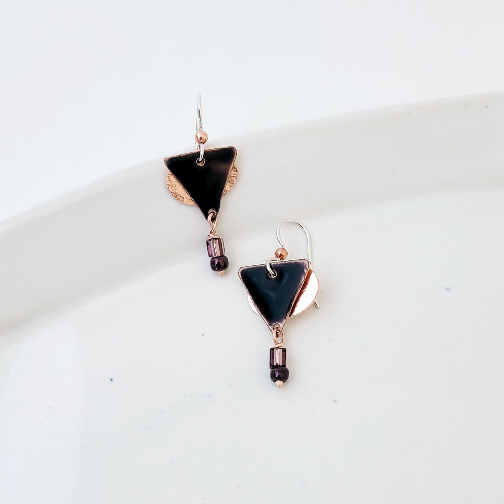 Magenta Triangle Drop - Handmade Copper Earrings