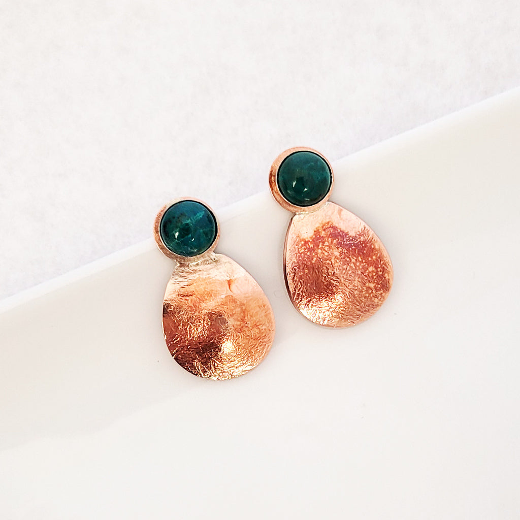 Handmade post earring, textured copper pear drop shape with set green chalcedony smooth gemstone, harmony, nurturing, sterling silver post
