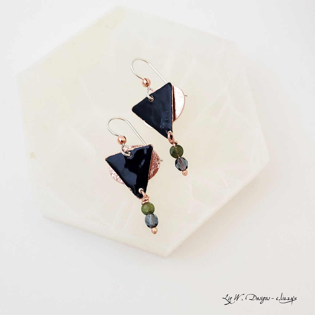 Navy Blue Triangle Drop - Handmade Copper Earrings