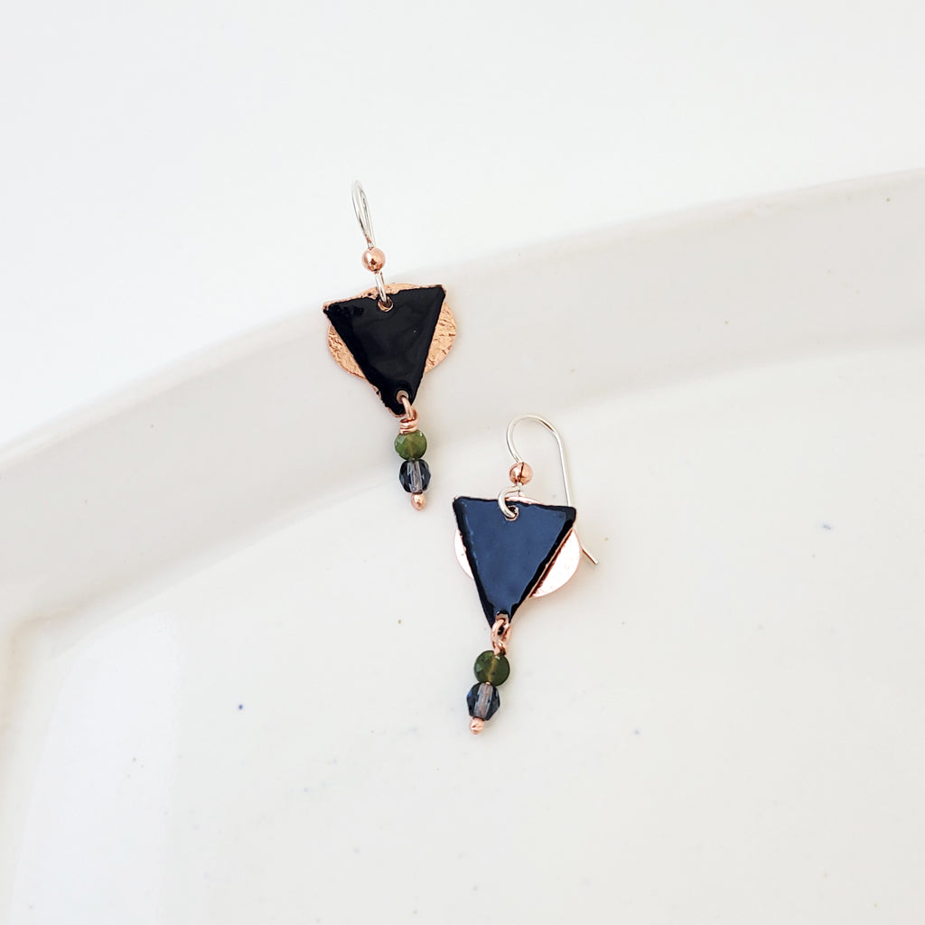 Navy Blue Triangle Drop - Handmade Copper Earrings