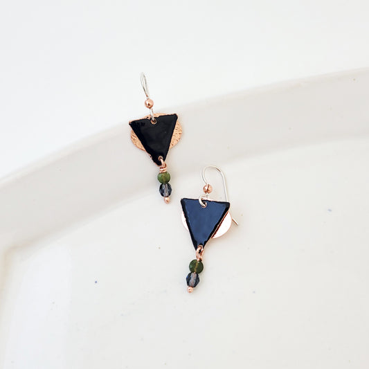 Navy Blue Triangle Drop - Handmade Copper Earrings