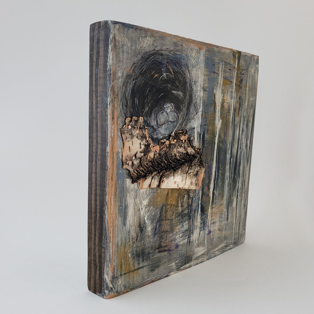 Nesting Eggs Hidden in the Birch – Mixed Media Wall Art | Wood Base