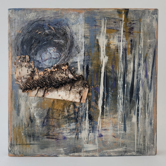 Nesting Eggs Hidden in the Birch – Mixed Media Wall Art | Wood Base