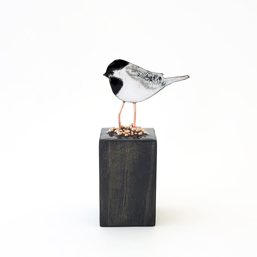 Handmade chickadee bird with black and dove white enamel on copper on wood base
