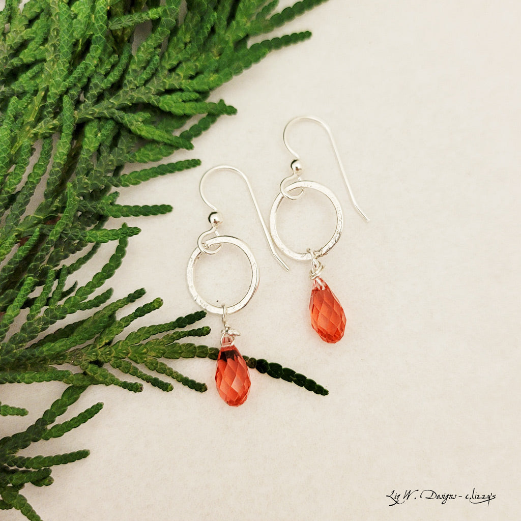 Orange-Red Swarovski Drop in Sterling - Earrings