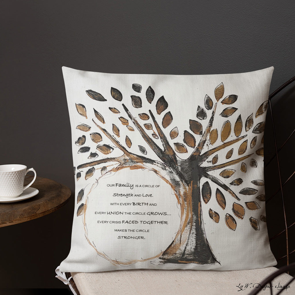 Our Family - Artful, Decorative Throw Pillow with "our family is a circle" saying nestled by an oak tree on off-white background. Original art on pillow.