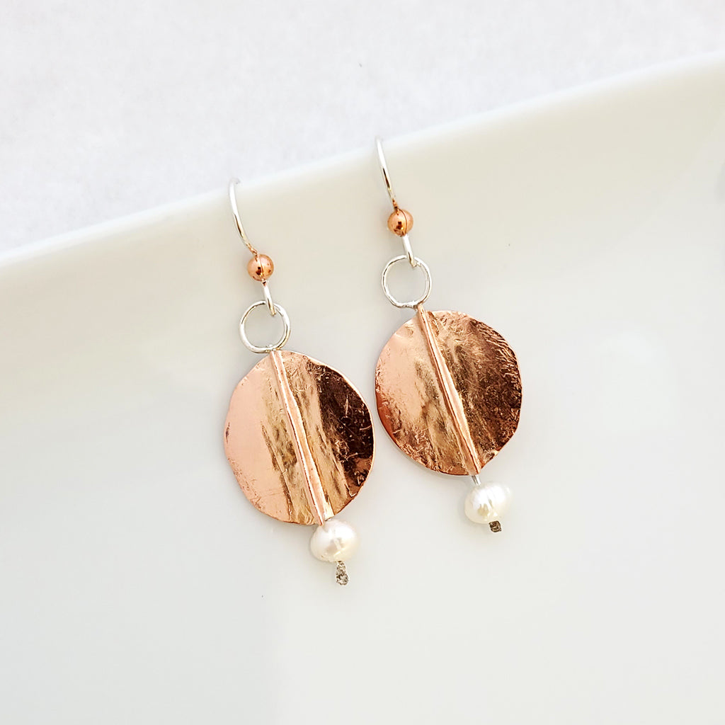 Patina and Pearls in Folded Circle Drop - Earrings