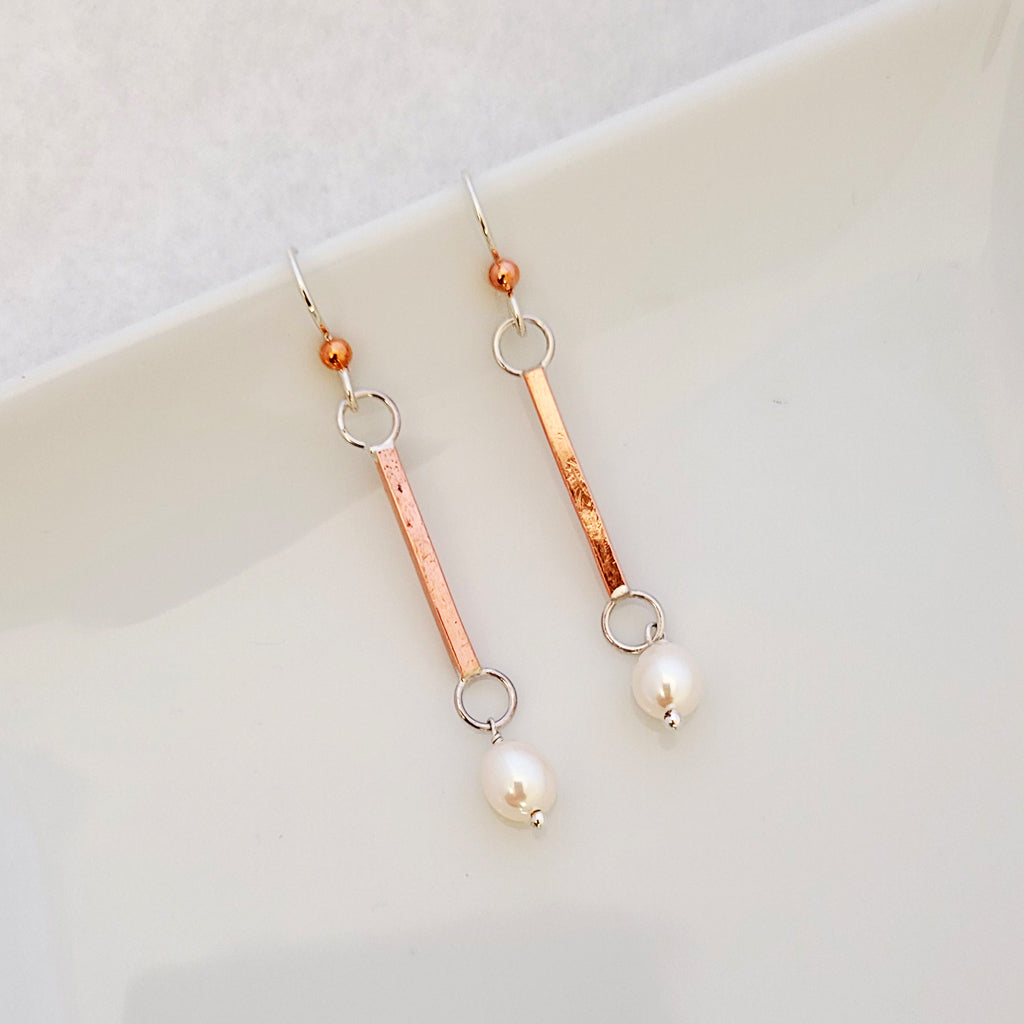 Patina and Pearls Vertical Bar Drop - Earrings