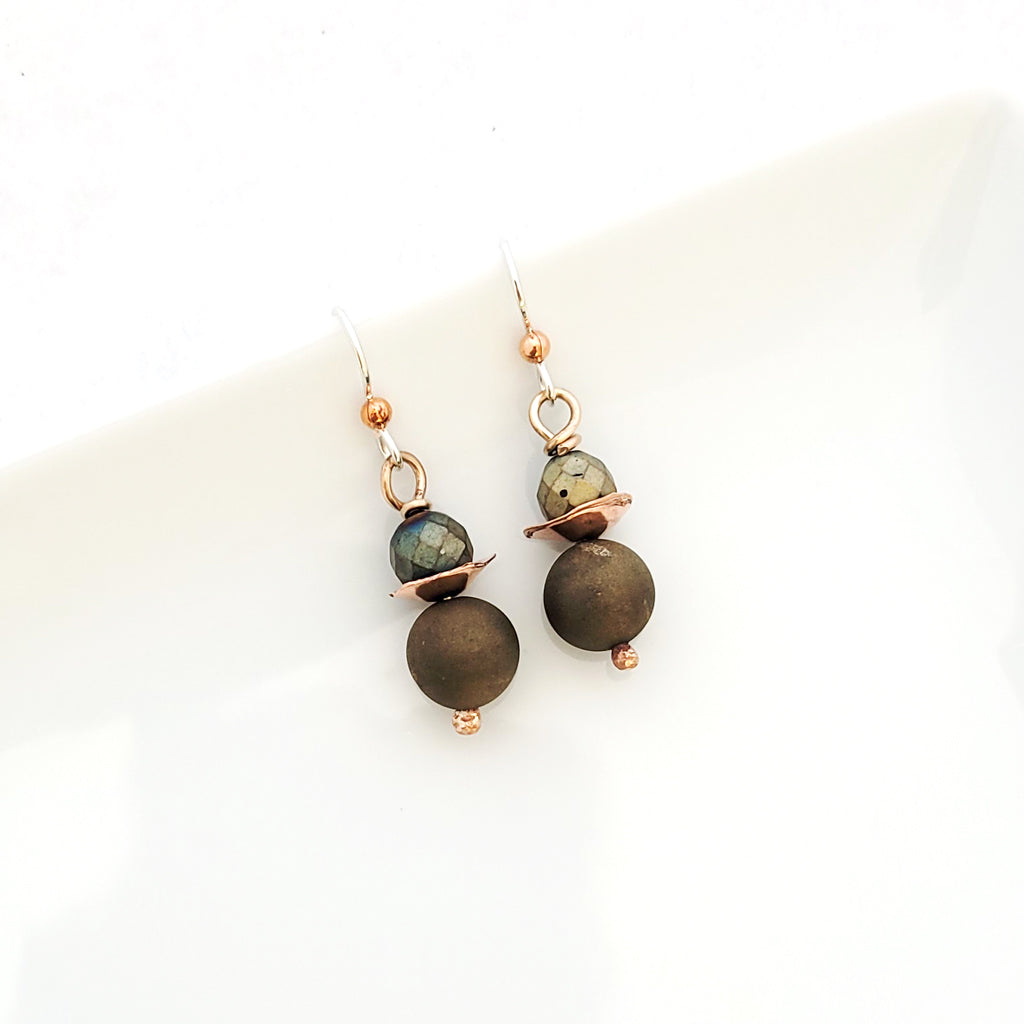 Handmade earring of copper circle flower petal nestled between an army green/gold druzy and faceted agate.