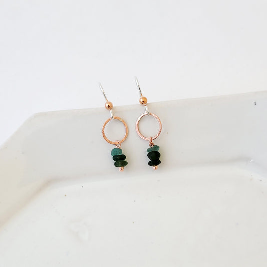 Petite Recycled Greens Drop - Handmade Copper and Recycled Glass Earrings
