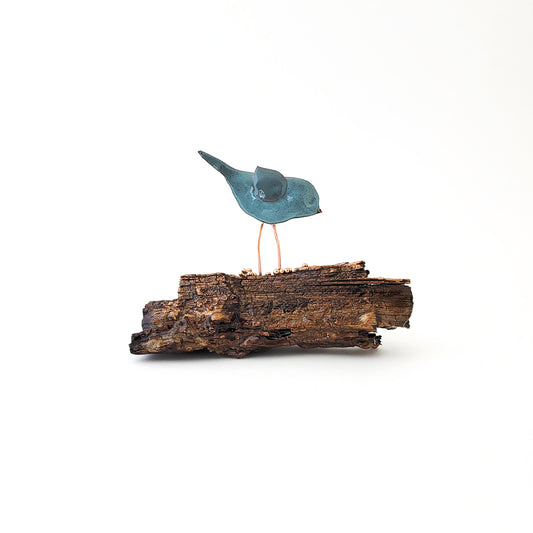 Powder Blue Birdie on its Perch I – Heritage Series Cottonwood and Copper Art