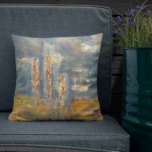 Prairie Poplars - Artful, Decorative Throw Pillow with blue skies above prairie landscape and tall poplar trees.  Original art on pillow.