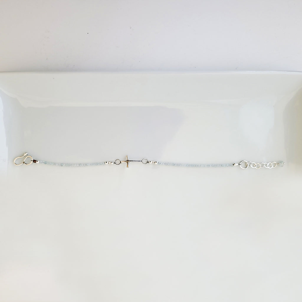 Sterling Side Cross with Aquamarine - Bracelet
