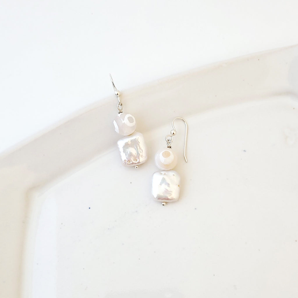Summer Whites - Handmade Freshwater Pearl and Agate Earrings