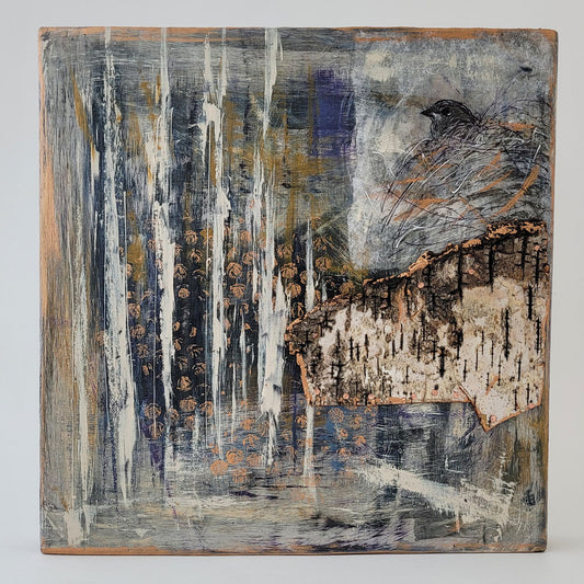 Sweet Birdie Hidden in the Birch – Mixed Media Wall Art | Wood Base