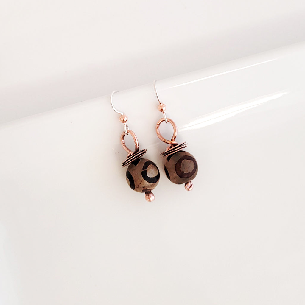 Tibetan Agate Drop and Copper Stack - Earrings