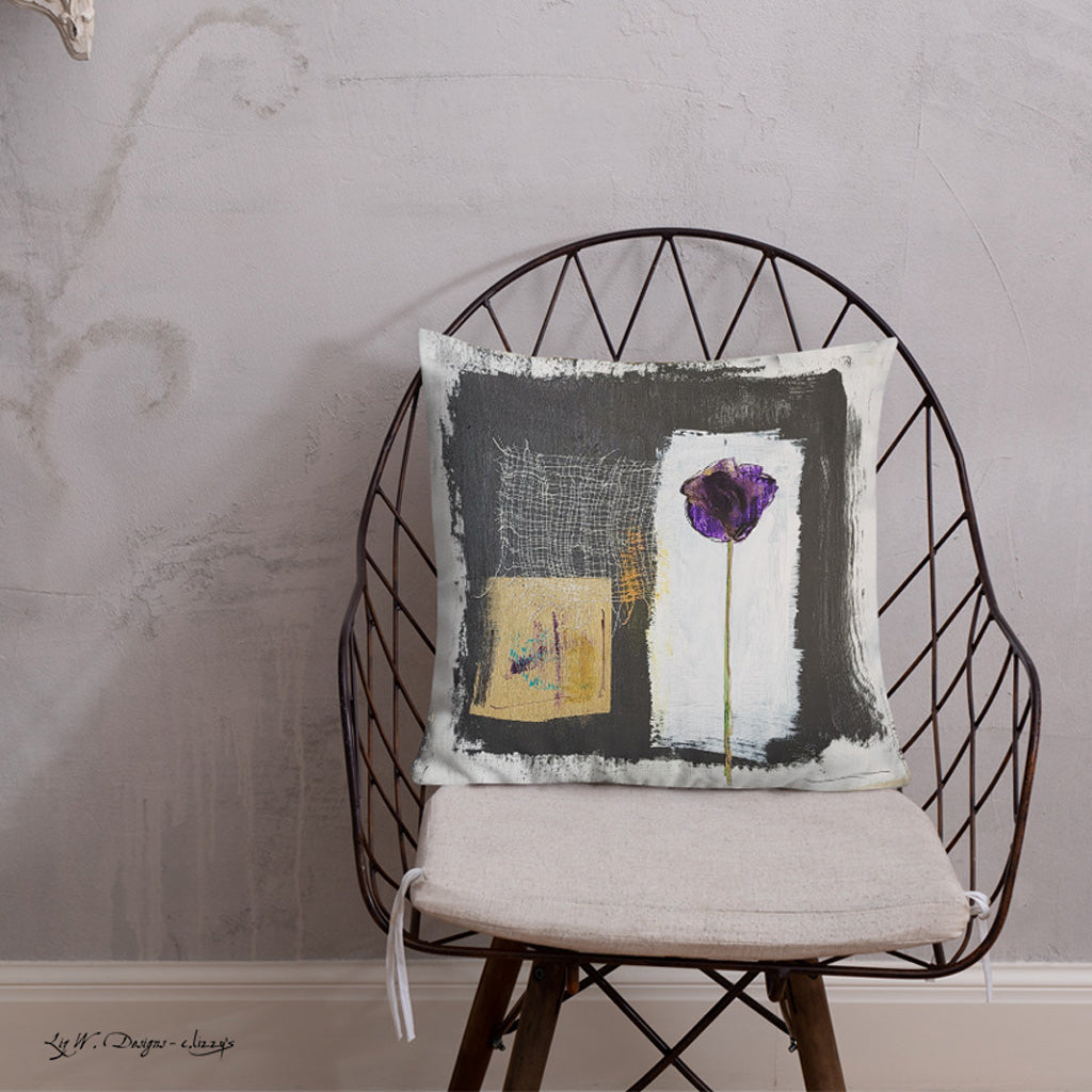 Tiptoe Through the Tulips in Plum - Artful, Decorative Throw Pillow with plum tulip with abstract dark charcoal and gold background.  Original art on pillow.