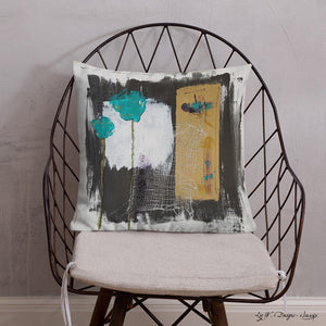 Tiptoe Through the Tulips in Turquoise - Artful, Decorative Throw Pillow with turquoise tulip with abstract dark charcoal and gold background.  Original art on pillow.