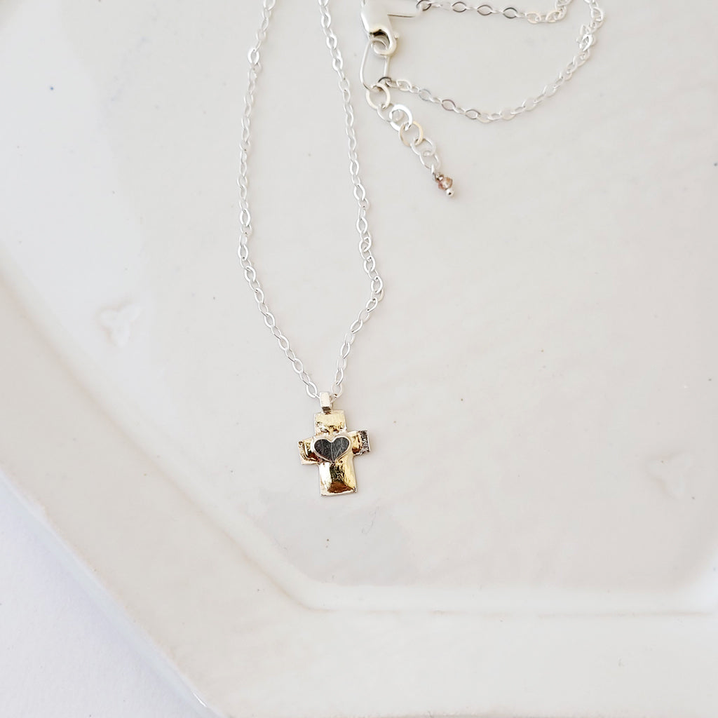 Touched with Gold Cross - Handmade Sterling Silver Cross and Heart Necklace